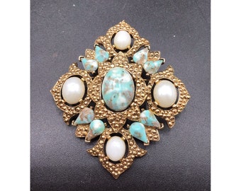 Vintage Sarah Coventry Brooch with Robin's Egg Gold Tone Remembrance Pin Pendant