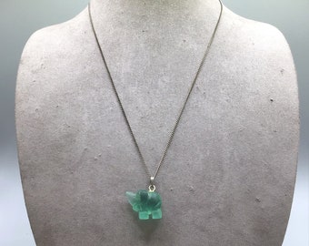 Green Frosted Glass Elephant Necklace Gold Tone Chain Good Luck Animal Pendant
