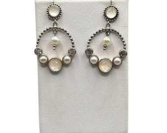 ECHO of The DREAMER EARRINGS Margaret Thurman Sterling Silver Pearl Drop Dangle Hoop Vintage Retired