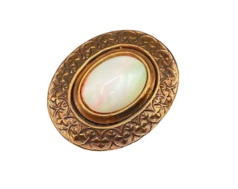 Vintage Copper Oval Brooch with Ornate Design & Faux Mother of Pearl Center