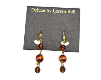 Brown Beaded Dangle Earrings with Leverback Hooks By Deluxe Lorren Bell