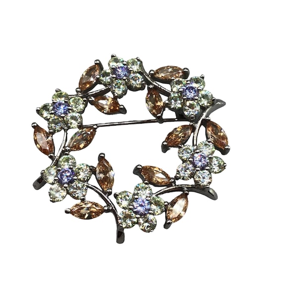 Floral Wreath Brooch Pale Yellow & Antiqued Dusty… - image 1