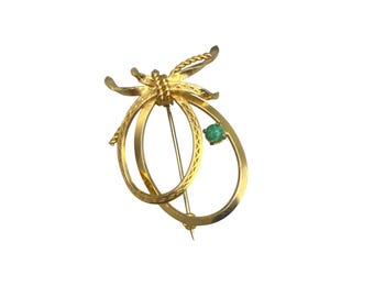 Dainty Vintage Pin Brooch Gold Tone ANd Green Glass Cabochon Ribbon Design