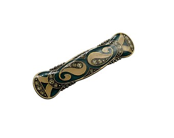 Vtg Pierre Bex Style Pin Brooch Art Deco Inspired Black Gold Tone w Rhinestones