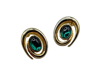 Vintage Pierced Earrings Emerald Green Acrylic Cabochons Gold Tone Swirl Setting