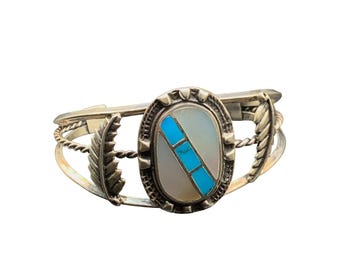Native Cuff bracelet Mother of Pearl and Turquoise sterling silver bracelet