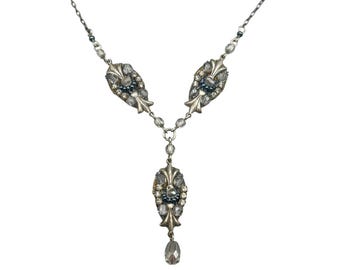 Art Deco Inspired Necklace Filigree And Hand Wired Beads On Silver Tone Metal