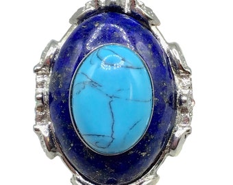 Lapis Lazuli & Turquoise Stone Ring Size 8 Semi Precious Gemstones Silver Tone