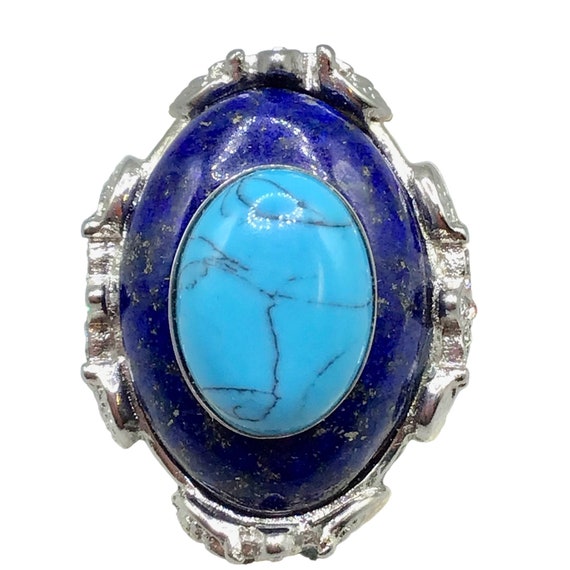 Lapis Lazuli & Turquoise Stone Ring Size 8 Semi P… - image 1
