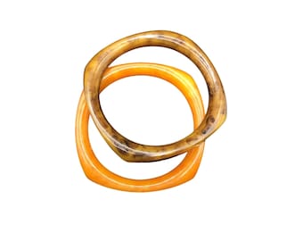 Vintage Bakelite Bangles Pointy Edges Carved Set of 2 Orange & Brown Bracelets