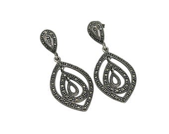 Sterling Silver Dangle Earrings Marcasites Stones Pierced Drops Eye Shaped Classic Jewelry