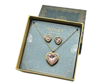 MONET Jewelry Set Pink Heart Necklace and Studs Earrings Set Gold Tone Chain NIB
