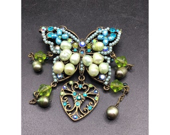 Vintage Butterfly Pin Brooch Blue & Green Dyed Freshwater Pearls and Rhinestones