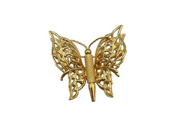 Vintage Monet Butterfly Brooch Pin Gold Tone Dimensional Filigree Wings Figural
