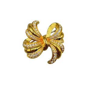Vintage Gold Tone Bow Brooch With Clear Crystals