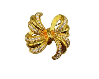 Vintage Gold Tone Bow Brooch With Clear Crystals