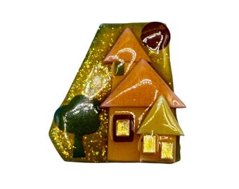 Vintage House Pin By Lucinda Vintage Handcrafted Brooch Gold Glitter Tones