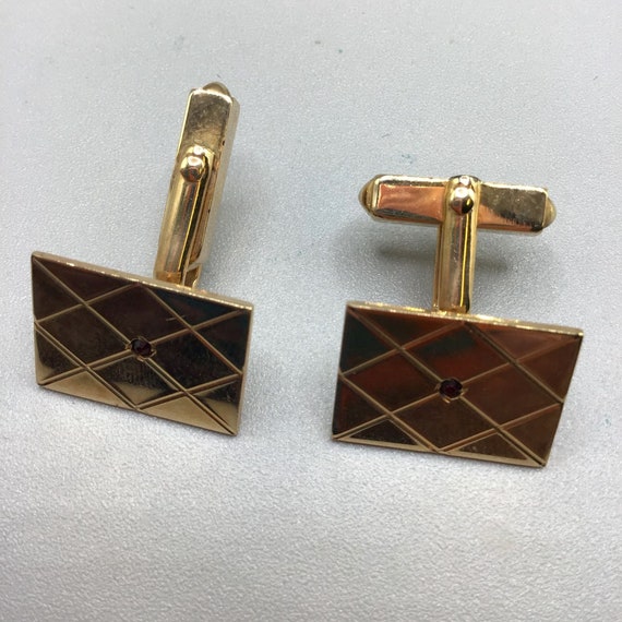 Diamond Pattern with Red Stone Cufflinks Signed S… - image 2