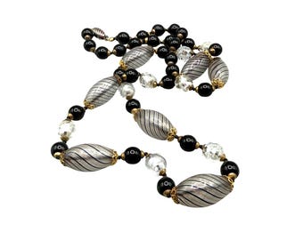 Vintage Murano Necklace Venetian Glass Beaded Glass Black Gold Clear