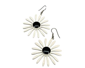 White Daisy Flower Drop Earrings with Black Center Hook Closure 2.5" Length