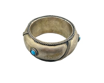 Vintage Tibetan Silver Bangle with Faux Turquoise Stones Ethnic Tribal