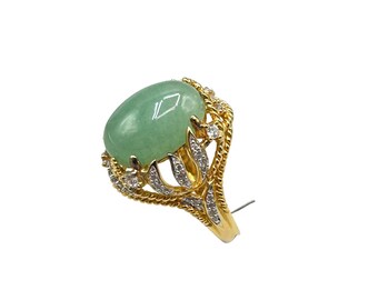 Green Jade Ring Size 8 Gold Over Sterling Silver 925 Elegant Stone Ring With CZ