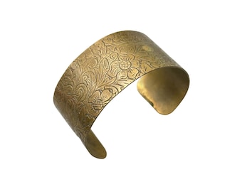 Vintage Brass Cuff Bracelet Etched Floral Design Wide Ornate Statement Jewelry