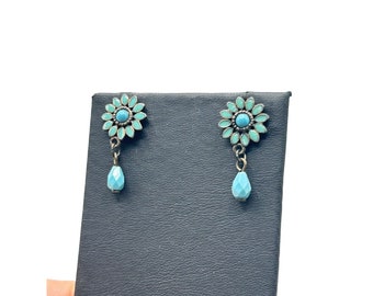 Small Teal Blue Flowers Dangles Earrings Daisies with Blue Drops Pierced Dangles