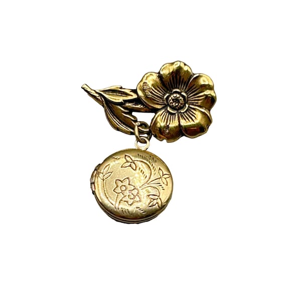 Vintage Gold Tone Flower Pin Brooch Dangling Locket Keepsake Pictures Holder