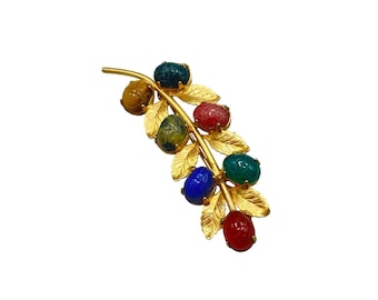 Vintage Egyptian Revival Scarab Leaf Brooch Carved Colorful Semi Precious Stones