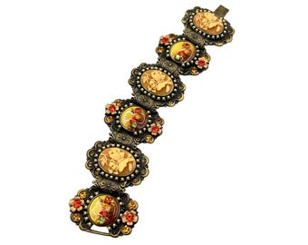Vintage 80s Victorian Revival Wide Panel Bracelet Floral and Resin Cameos