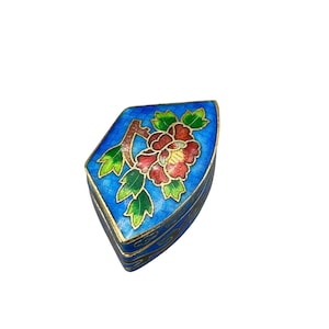 Vintage Cloisonne Trinket Box Blue enamel Flower Design Hinged Small Box