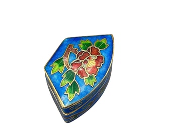 Vintage Cloisonne Trinket Box Blue enamel Flower Design Hinged Small Box