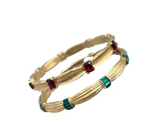 Vintage Signed Trifari Bangles Bracelet Gold Tone Jeweled Red Green Rhinestones