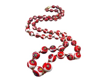 Vintage Murano Millefiori Glass Necklace Venetian Red And White Hand Knotted