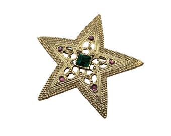 1928 Brand Star Pin Brooch Gold Tone and Jewel Tones Rhinestones Vintage Jewelry