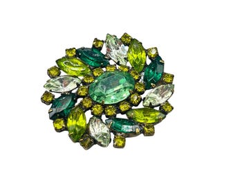Vintage UV Reactive Rhinestones Pin Brooch Green Tones All Glass Prong Set