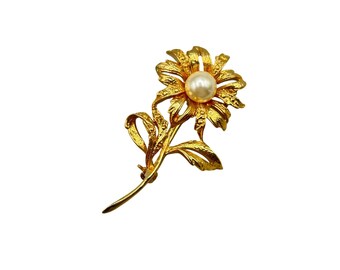 Vintage Gold-Tone Floral Brooch Pin With Faux Pearl Center