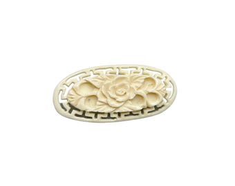 Vintage Carved Celluloid Ivory White Floral Brooch Pin Intricate Rose Design