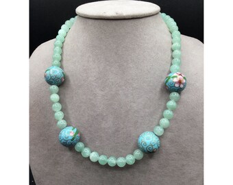 Green Gemstones & Large Cloisonne Beads Necklace Gold Filled Clasp Bead Jewelry