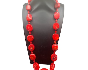Coral Necklace in Red Dyed Bamboo Coral Signed By BARSE Chunky Stones Necklace
