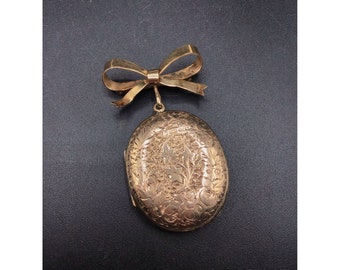 Antique 9k Gold Locket with 14k Bow Fully Marked 375 Highly Engraved Oval Pin