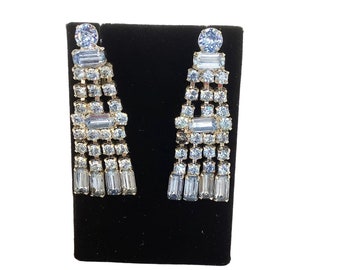 Vintage Rhinestones Clip On Dangles Earrings Light Blue Silver Tone Long Drops
