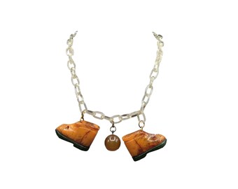 Vintage Bakelite Shoes Charms Necklace Celluloid Chain Link with Shoes and Ball
