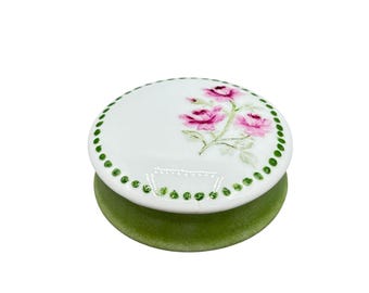 Vintage Hand Painted Trinket Box Porcelain Green And Floral Roses Design Signed