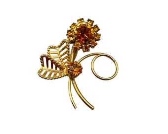 Petite Flower Pin Brooch Gold Tone And Topaz Color Rhinestone Stones All Prong Set