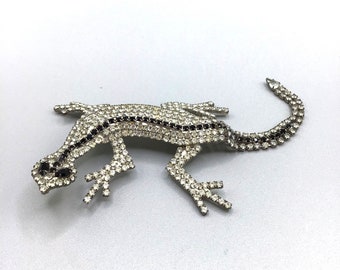 Vintage Rhinestones Lizard Brooch Clear Black All Prong Set Stones Figural Pin