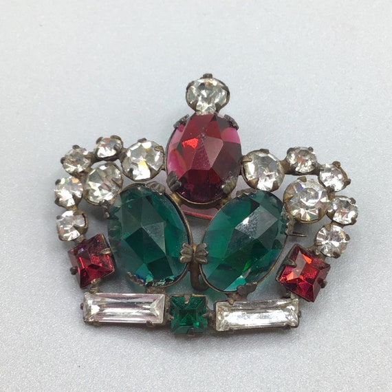 Vintage Crown Brooch Red Green Glass Stones Older… - image 3