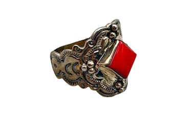 Vintage Navajo Red Coral Ring Size 8 Sterling Silver 925 Signed G