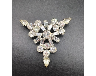 Vintage Clear Rhinestones Brooch Icy Glass Stones Clear Crystals Triangle Pin
